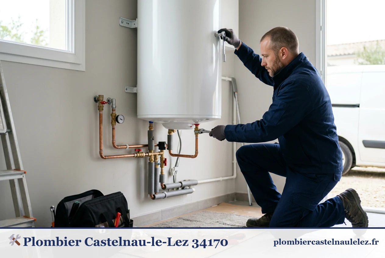 Artisan plombier installant un chauffe-eau à Castelnau-le-Lez